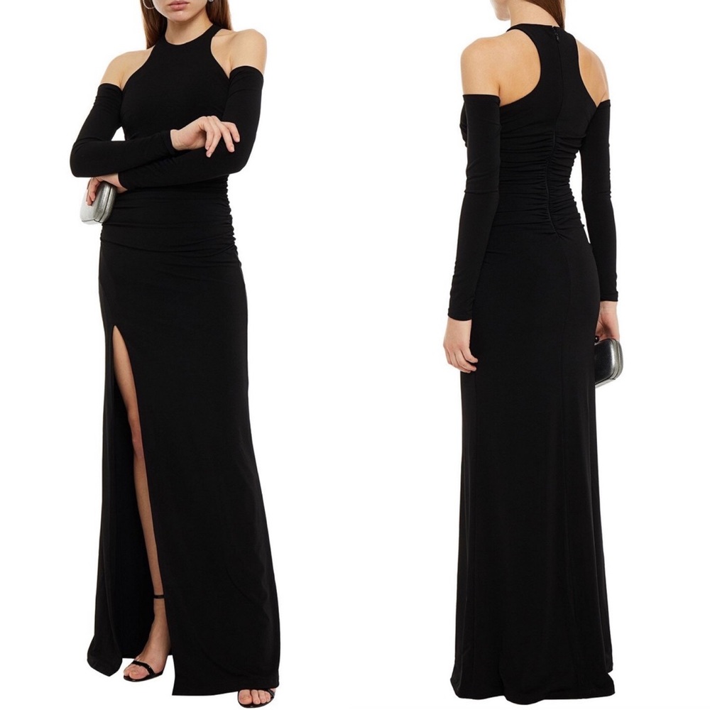 NWT Cinq À Sept Rosalina Cold-Shoulder Ruched Stretch-Jersey Gown Black size 0